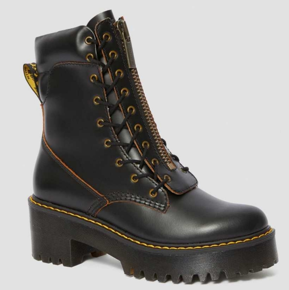 Dr. Martens Black Leather Platform Lug-Zip Heeled Boots